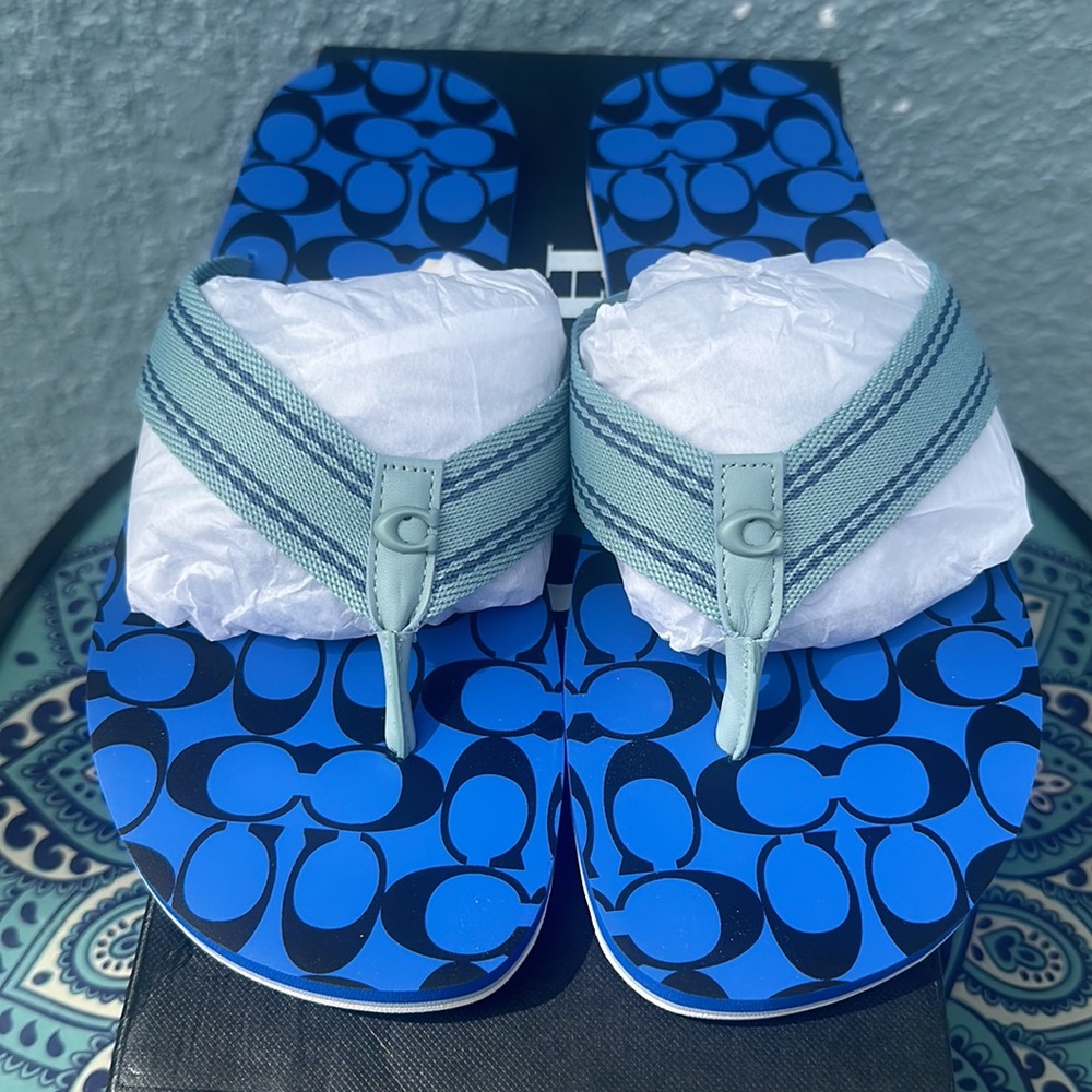 (NEW) COACH Signature Webbing Flip-Flop Blue Fin/Black Print